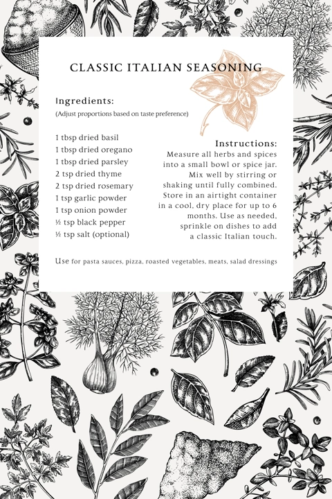 Sketch style recipe card template. Italian spices hand drawn vector illustrations. Food frame design. Vintage herbs background. NOT AI generated